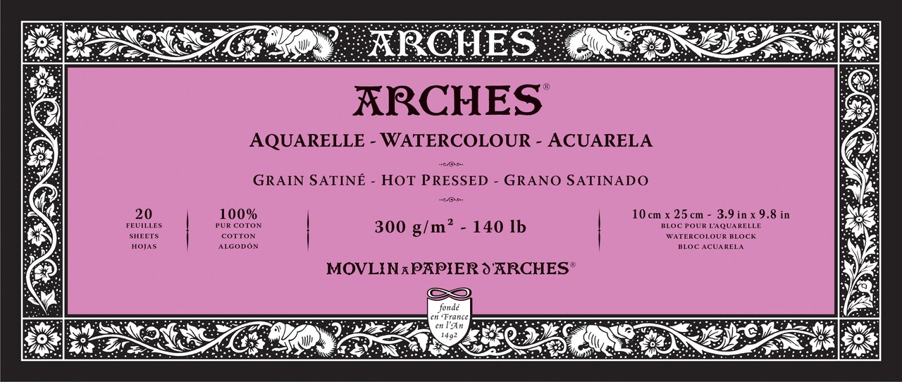 Arches Aquarelle Hot Pressed Watercolor Block 3.9"X9.8"- 140lb, 20 Sheets